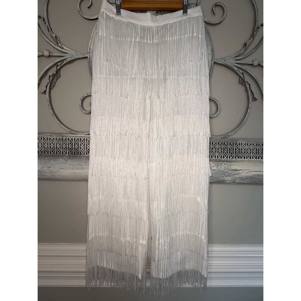 Ashro White Fringe 2 Piece Pant Set Mesh Top Wide Leg Pants Style Womens Size M - Picture 3 of 16